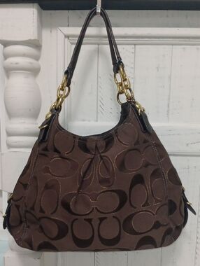 Coach Maggie Mia Brown Signature Hobo Shoulder Bag with Gold Chain Accents